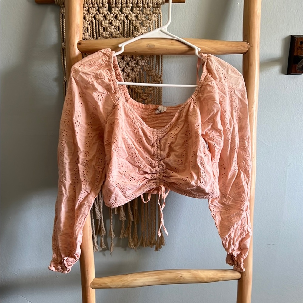 Orange Ruched Tie Front Long Sleeve Crop Blouse